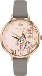 Sara Miller Bamboo Garden Ladies Watch with Rose Gold Dial and Grey Leather Strap SA2094