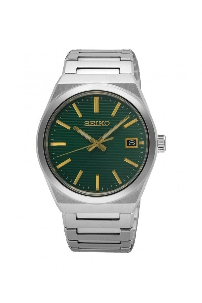 Gwylio Dynion Seiko Essential Time Chrono gyda Deial Gwyrdd a Breichled Arian SUR601P1