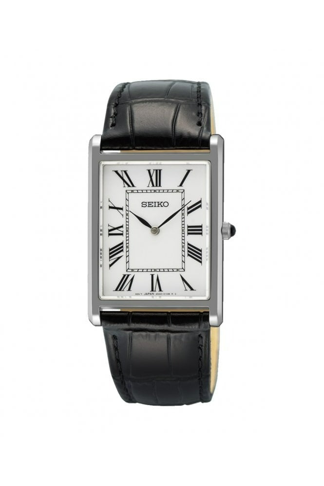 Seiko Mens Classic Dress Watch with White Dial & Black Leather Strap SWR103P1