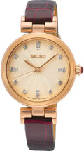 Gwyliad Merched Seiko gyda Deial Aur Rhosyn a Strap Lledr Coch SRZ548P1