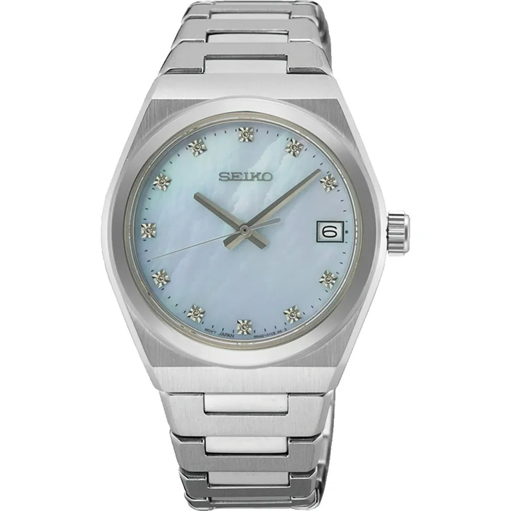 Gwylio Merched Seiko Essential Time gyda Deial Glas a Breichled Arian SUR603P1