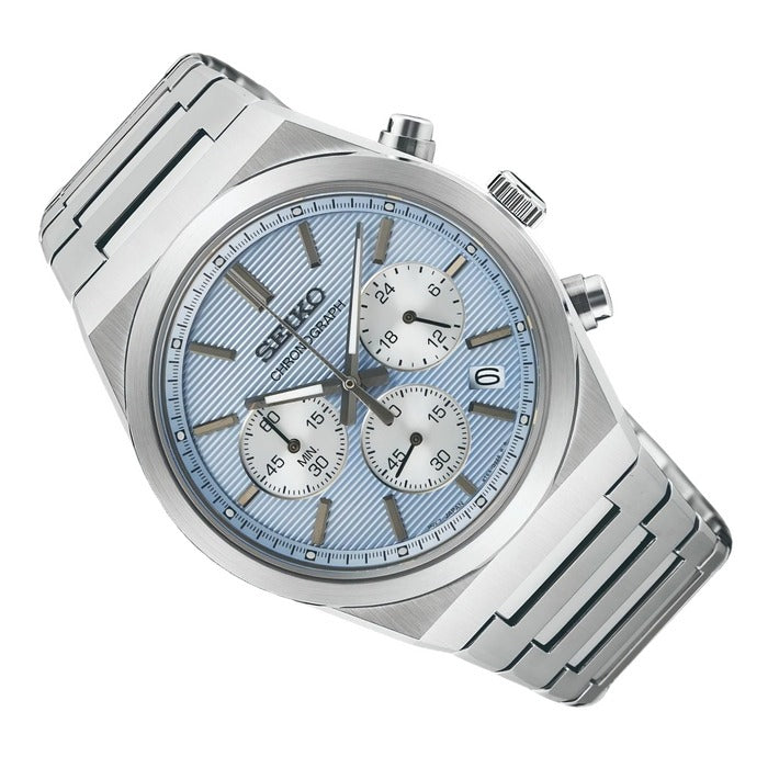 Seiko Essential Time Chrono Mens Chronograph Watch with Blue Dial and Silver Bracelet SSB459P1