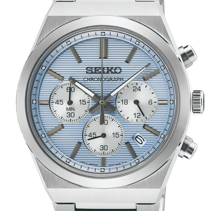 Seiko Essential Time Chrono Mens Chronograph Watch with Blue Dial and Silver Bracelet SSB459P1