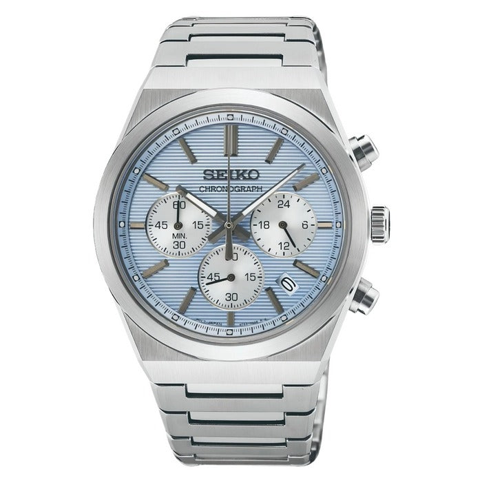 Seiko Essential Time Chrono Mens Chronograph Watch with Blue Dial and Silver Bracelet SSB459P1
