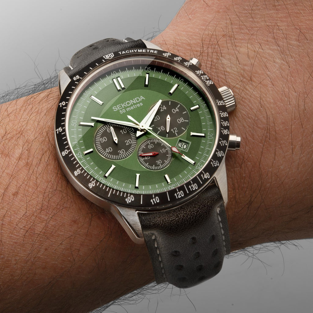 Sekonda Mens Chronograph Watch with Green Dial and Black Strap 1937