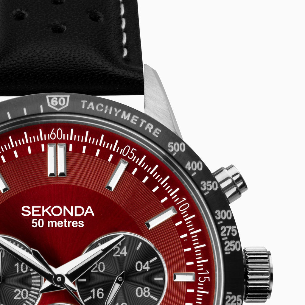 Gwylio Cronograff i Ddynion Sekonda gyda Deial Coch a Strap Du 1938