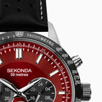 Gwylio Cronograff i Ddynion Sekonda gyda Deial Coch a Strap Du 1938