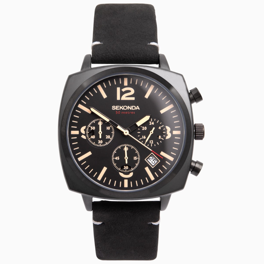 Sekonda Mens Watch with Black Dial and Black Suede Leather Strap 1991