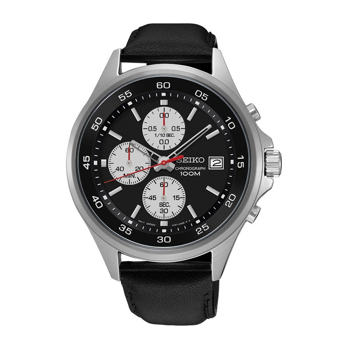 Seiko Mens Black Chronograph Dial Black Leather Strap Watch SKS485P1