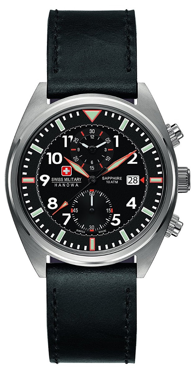 Awr Dynion Swiss Military Squadron gyda Deial Du a Strap Lledr Du SM34302AEU/H02S