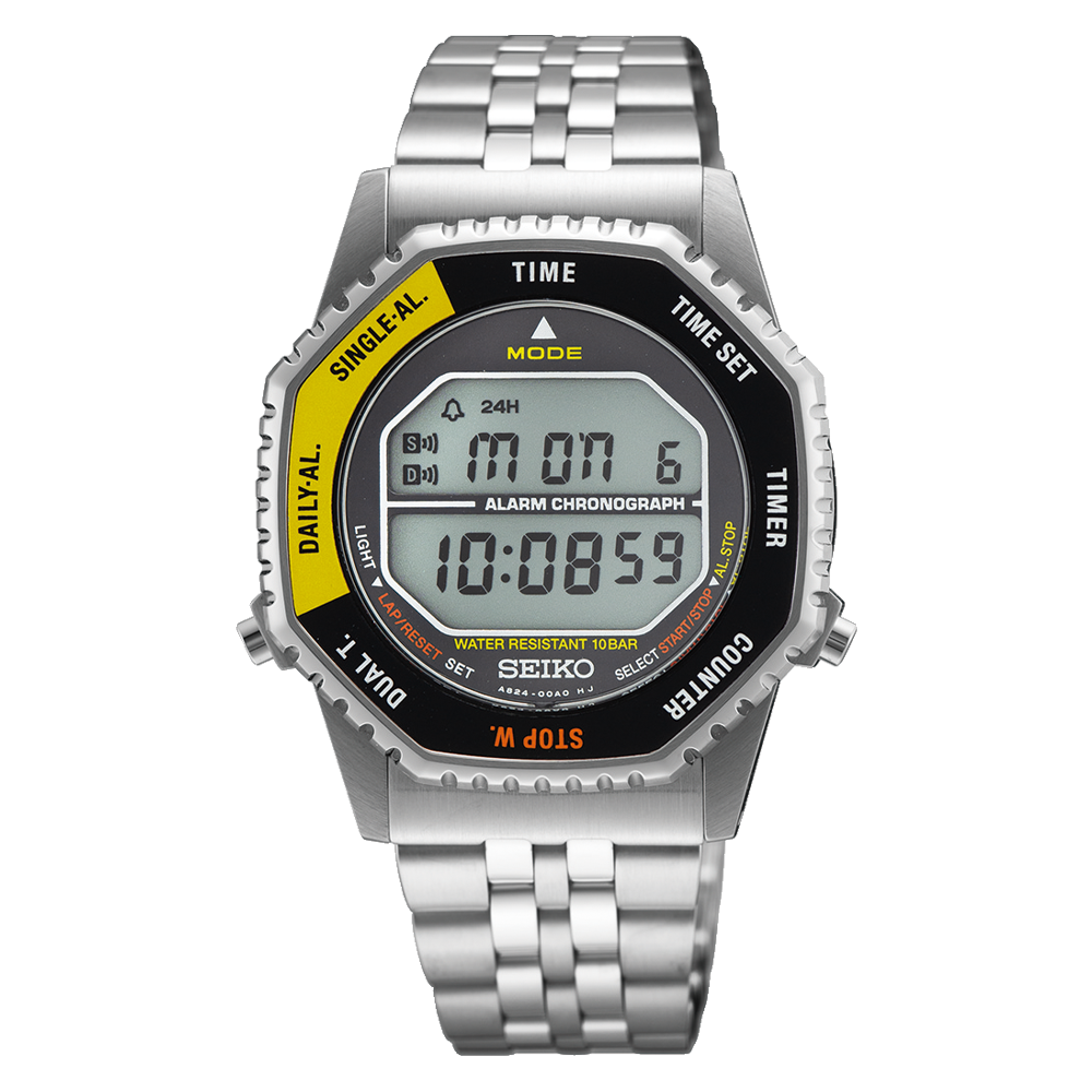 Seiko Mens Digital Watch with Black and Yellow Dial Silver Bracelet SMGG17P1