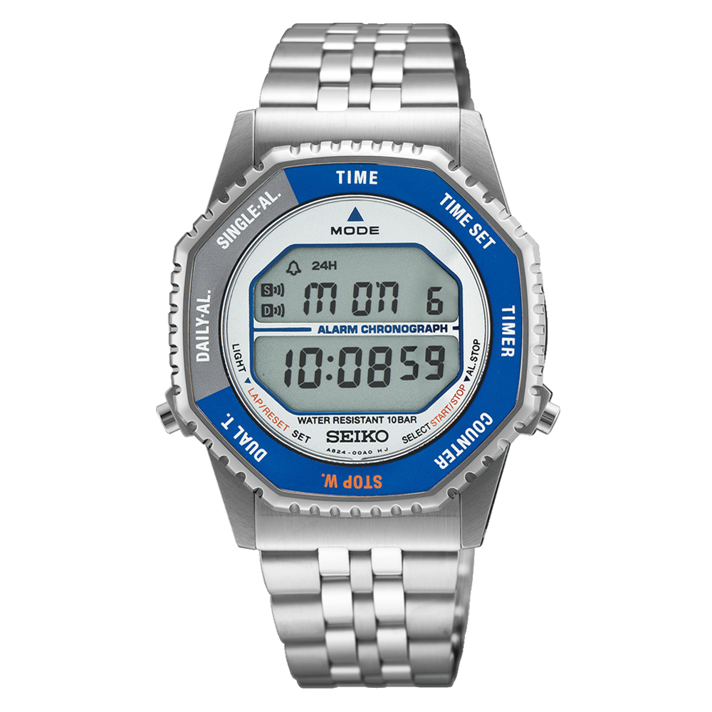 Gwylio Digidol Seiko i Ddynion gyda Deial Glas ac Arian Breichled Arian SMGG21P1