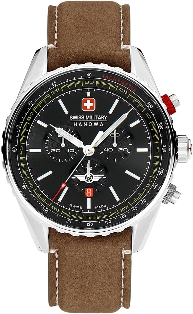 Cloc Cronograff Dynion Swiss Military Afterburn gyda Deial Du a Strap Brown SMWGC0000301