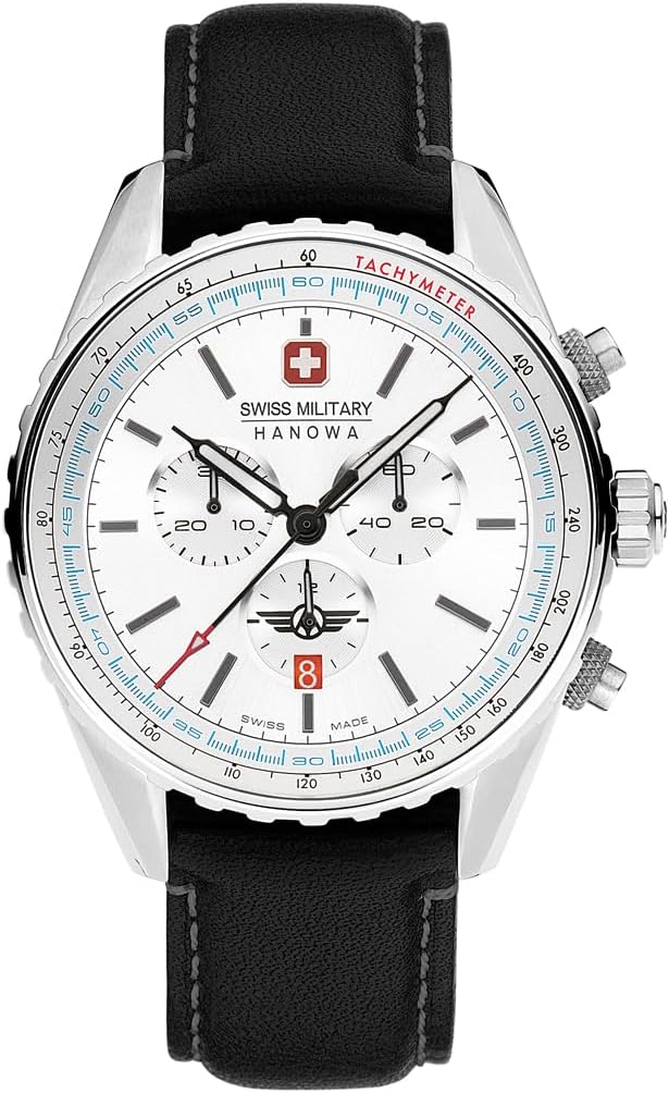 Olion Ddwylo Arian, Deial Gwyn a Strap Du SMWGC0000302