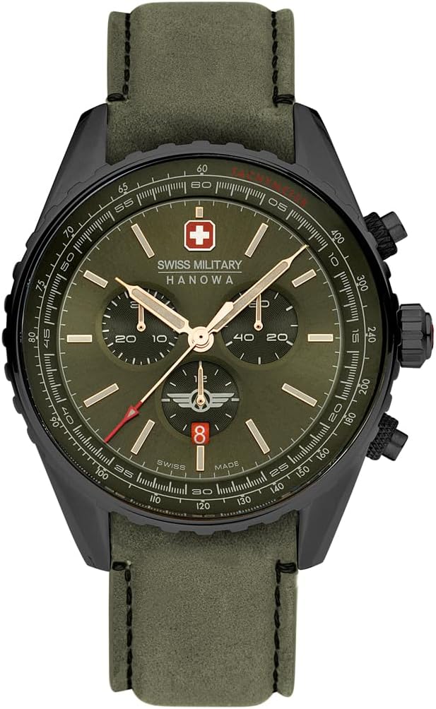 Gwyliad Chronograph Dynion Swiss Military Afterburn gyda Deial Gwyrdd a Strap Gwyrdd SMWGC0000340
