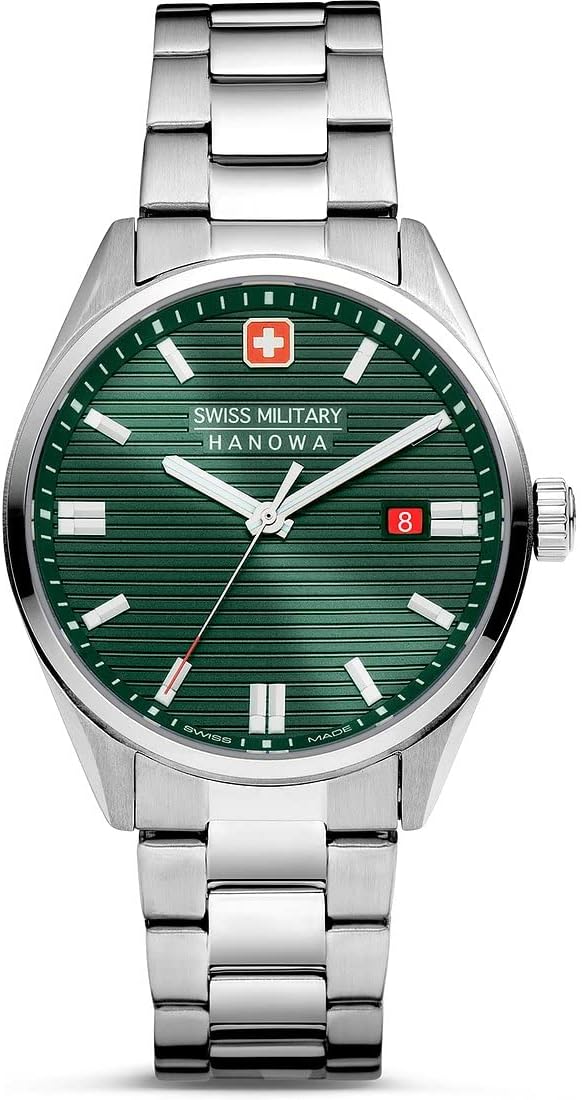 Cloc Mens Swiss Military gyda Deial Gwyrdd a Strap Dur Di-staen Arian SMWGH2200105