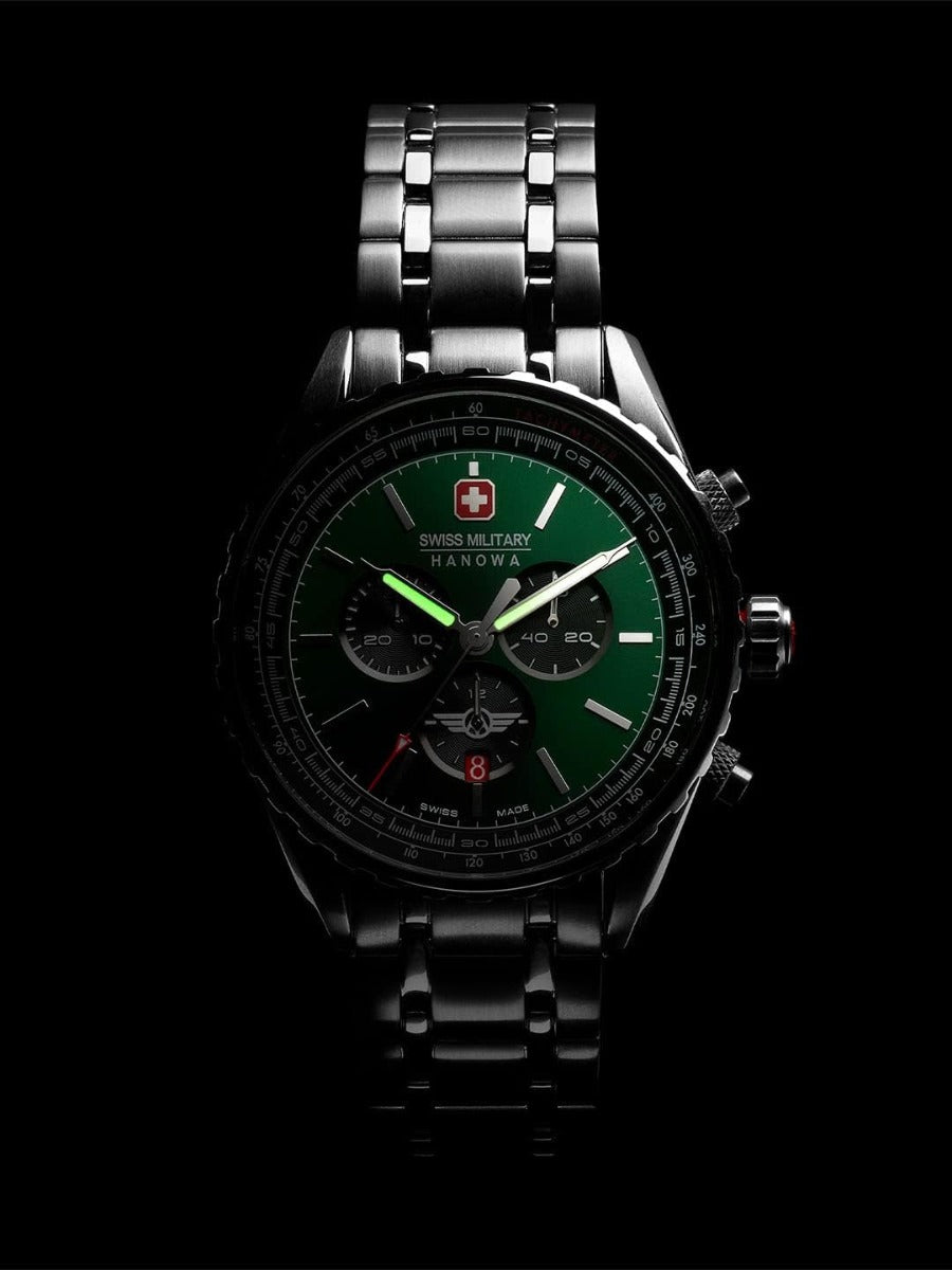 Swiss Military Mens Watch with Green Dial and Silver Stainless Steel Strap SMWGI0000307