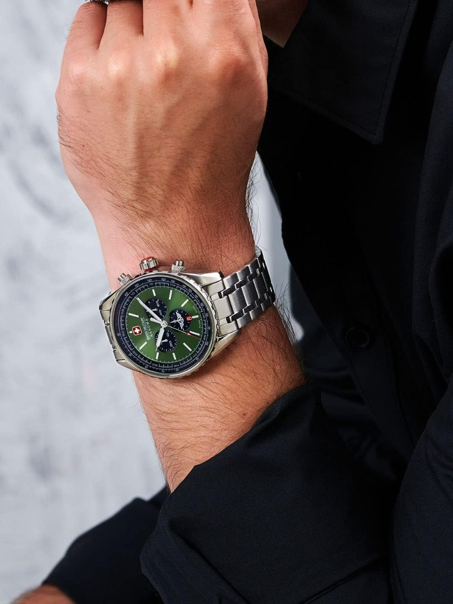 Swiss Military Mens Watch with Green Dial and Silver Stainless Steel Strap SMWGI0000307