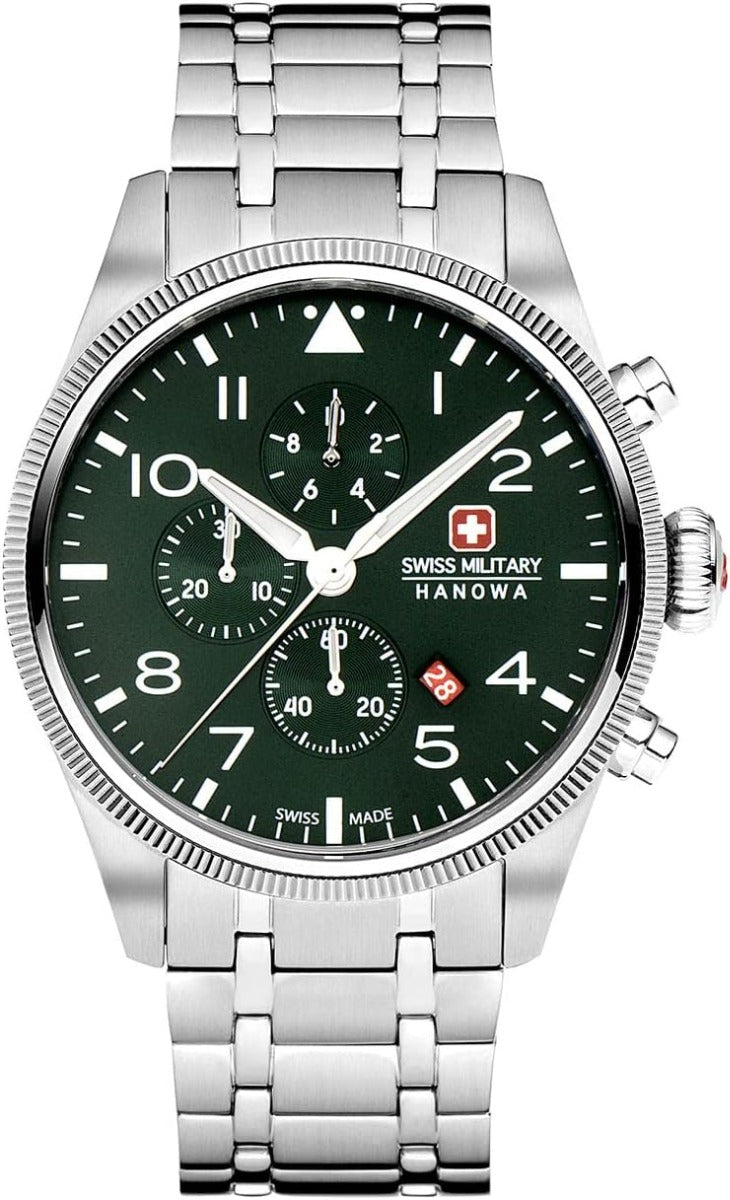 Oriawr Gromniwlog Dynion Swiss Military gyda Deial Gwyrdd a Strap Arian SMWGI0000404