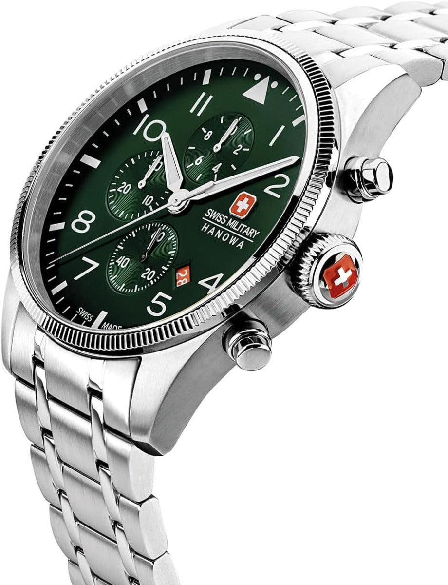 Oriawr Gromniwlog Dynion Swiss Military gyda Deial Gwyrdd a Strap Arian SMWGI0000404