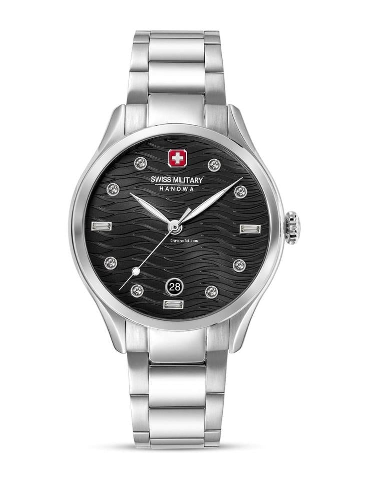 Gwylio Menywod Swiss Military Hanowa gydag Wyneb Du a Breichled Arian SMWLH0005303