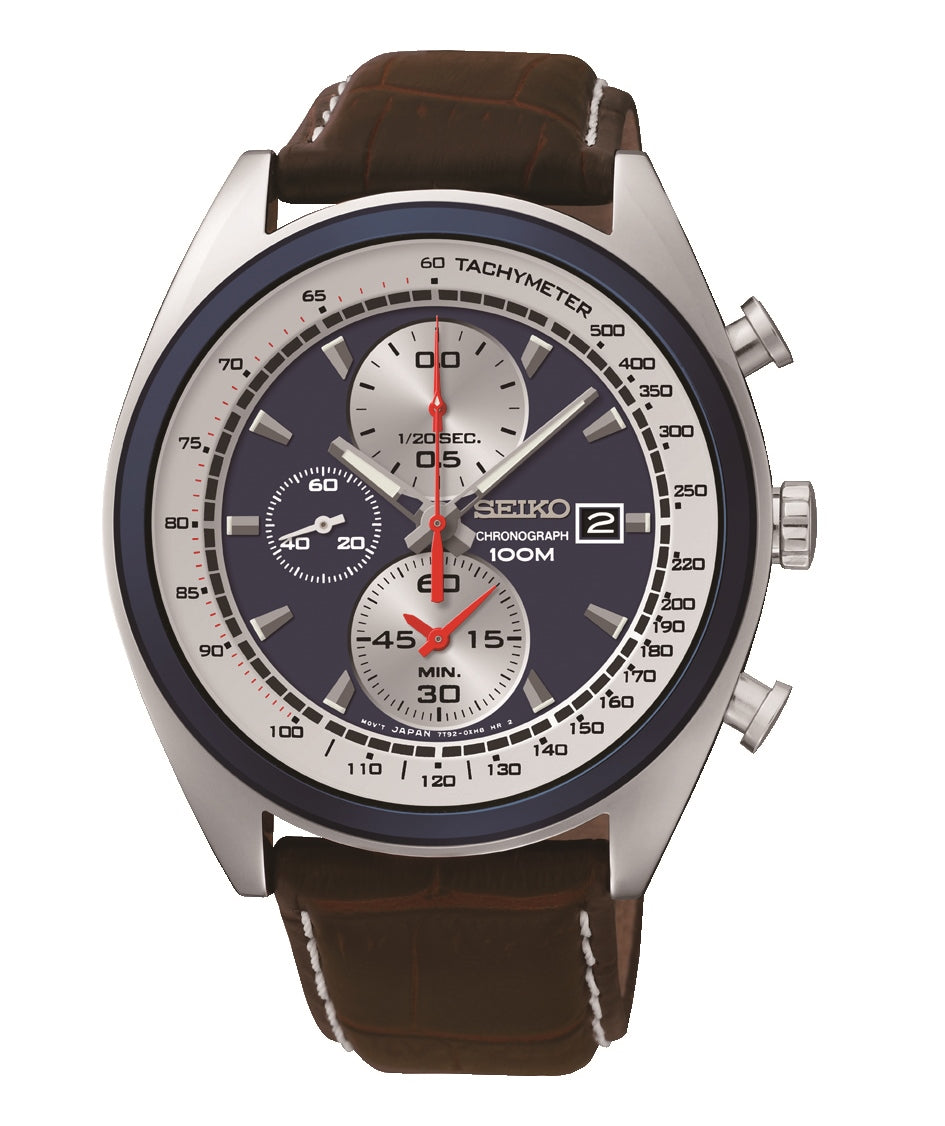 Gents Mens Stainless Steel Quartz Battery Seiko Alarm Chronograph Watch on Brown Leather Strap with Date. SNDF95P1