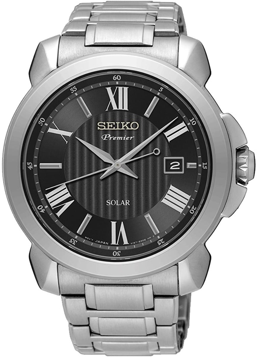 Seiko Premier Men's Solar Watch with Black Dial and Silver Strap SNE455P1
