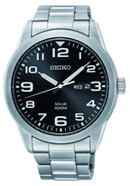 Gwylio Solar Dynion Seiko gyda Deial Ddu a Breichled Arian SNE471P1