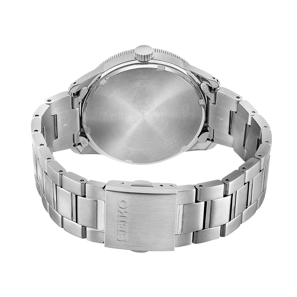 Gwylio Solar Dynion Seiko gyda Deial Ddu a Breichled Arian SNE471P1