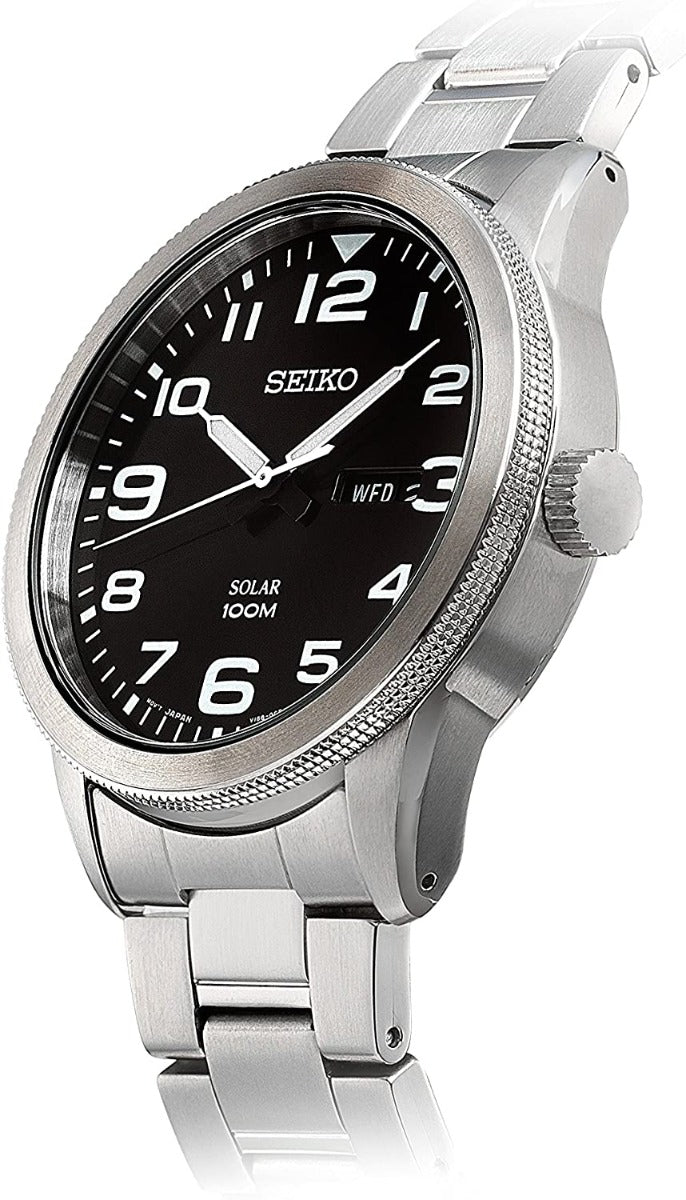 Gwylio Solar Dynion Seiko gyda Deial Ddu a Breichled Arian SNE471P1