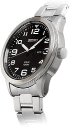 Gwylio Solar Dynion Seiko gyda Deial Ddu a Breichled Arian SNE471P1