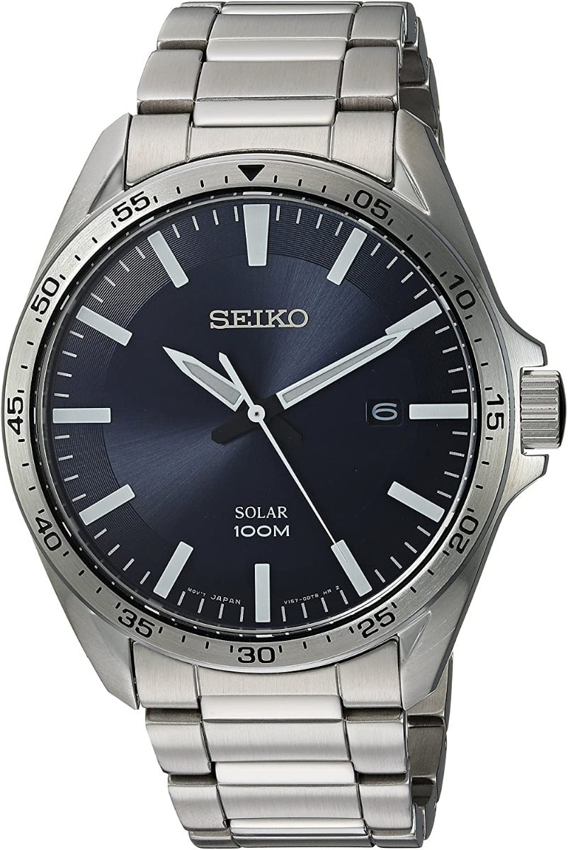Seiko Men's Solar Watch with Blue Dial and Silver Strap SNE483P1