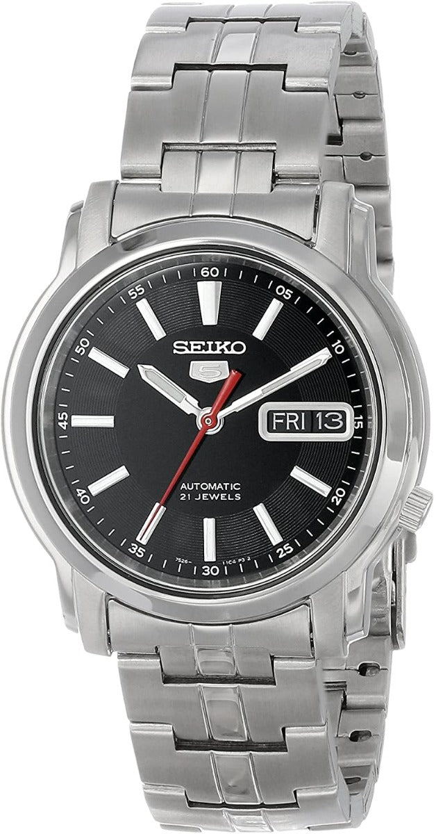 Seiko Men's Automatic Watch with Black Dial and Silver Strap SNKL83K1