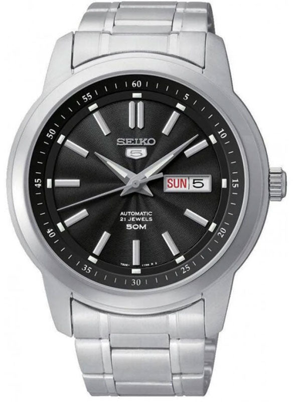 Mens Seiko Automatic Watch with Black Dial and Silver Strap SNKM87K1