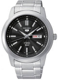 Mens Seiko Automatic Watch with Black Dial and Silver Strap SNKM87K1