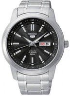 Mens Seiko Automatic Watch with Black Dial and Silver Strap SNKM87K1