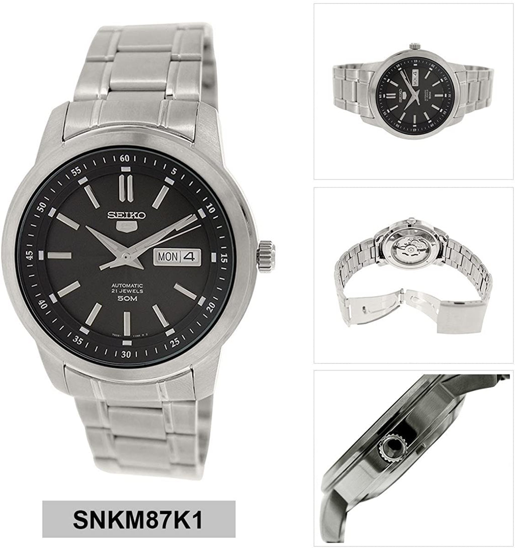 Mens Seiko Automatic Watch with Black Dial and Silver Strap SNKM87K1