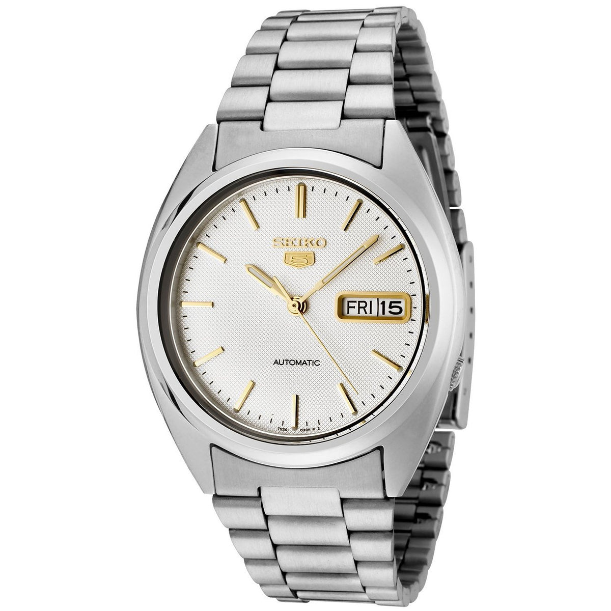 Seiko SNXG47K 5 Gent's Automatic Watch Analogue Watch-White Face-Grey Steel Bracelet