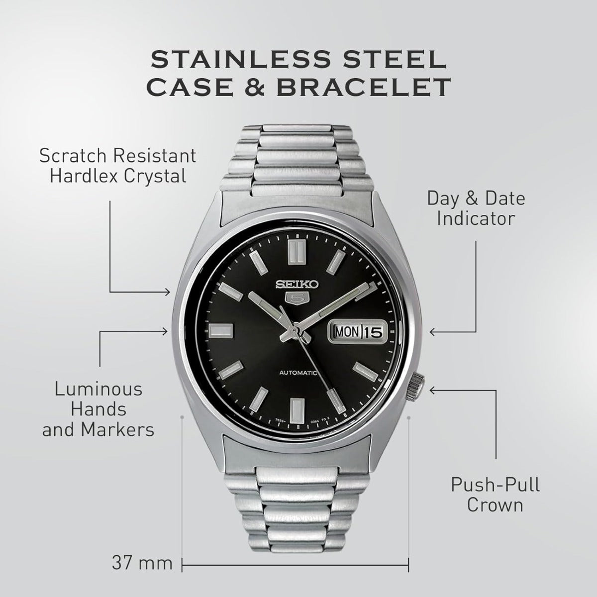 Seiko 5 Mens Automatic Watch SNXS79 with Black Dial and Silver Stainless Steel Bracelet