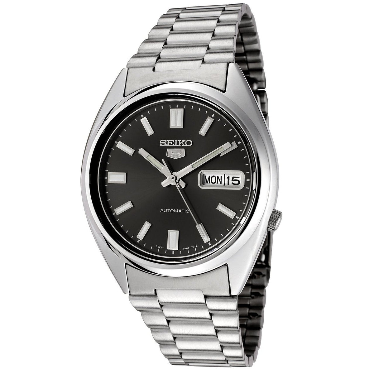Seiko SNXS79K - 5 Gent Men's Automatic Analogue Watch, Black Dial, Steel Bracelet Grey