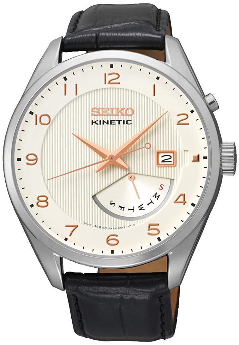 Gwyliad Cinetig Dynion Seiko gyda Deial Gwyn a Strap Lledr Du SRN049P1