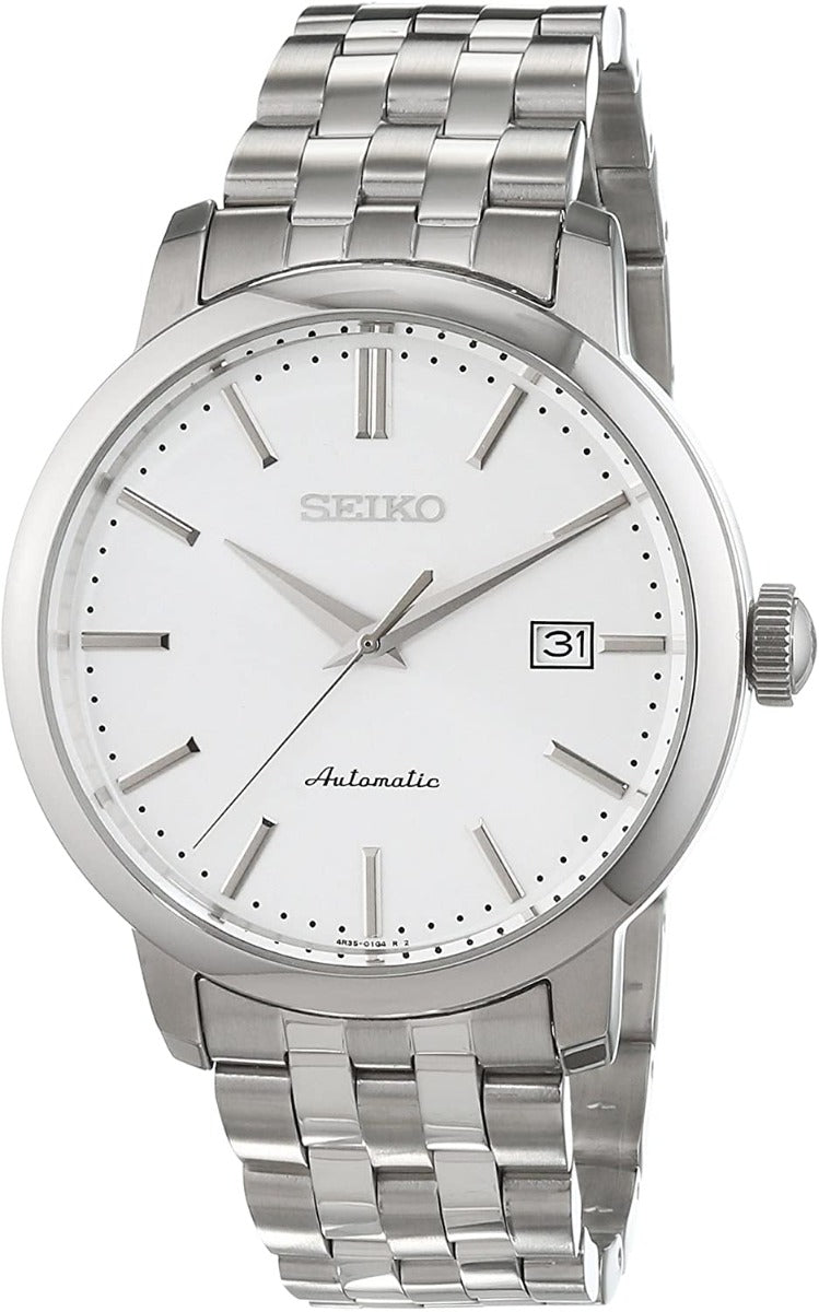 Gwylio Awtomatig i Ddynion Seiko gyda Deial Gwyn a Strap Arian SRPA23K1