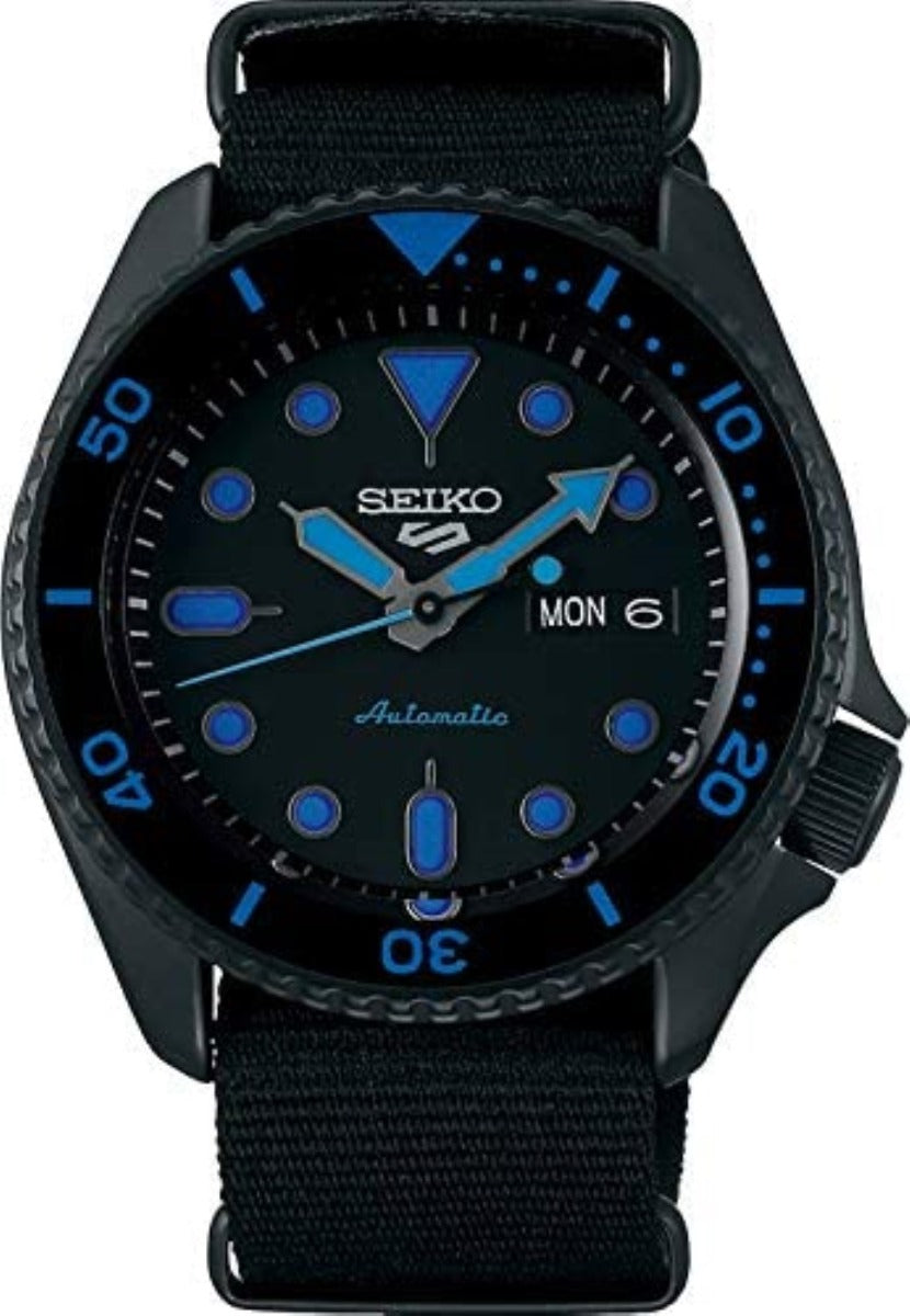 Gwylio Awtomatig Analog i Ddynion Seiko 5 Sports gyda Deial Du a Strap Cynfas Du SRPD81K1