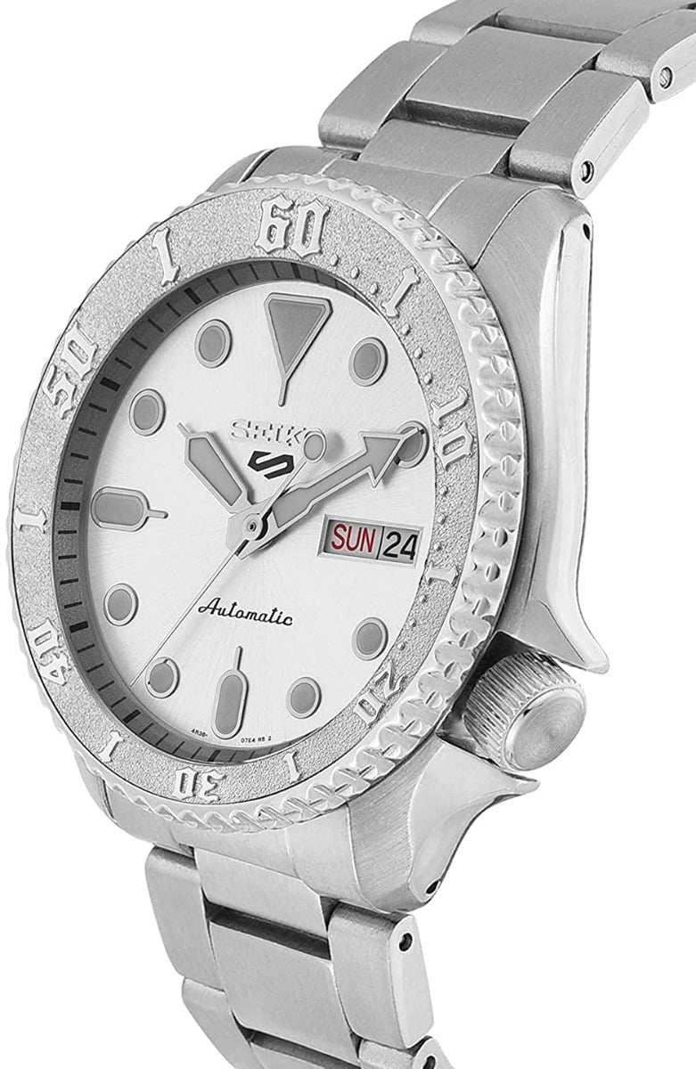 Gwylio Awtomatig Dynion Seiko 5 Sports gyda Deial Arian a Breichled Dur Di-staen Arian SRPE71K1