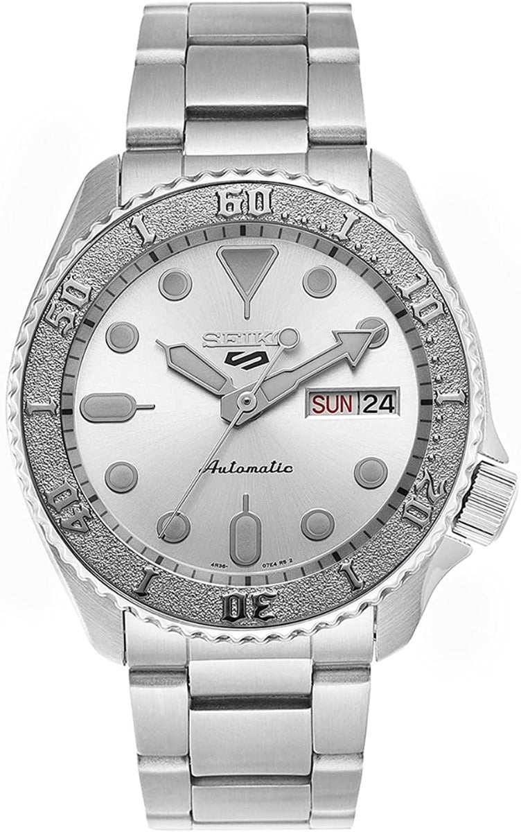 Gwylio Awtomatig Dynion Seiko 5 Sports gyda Deial Arian a Breichled Dur Di-staen Arian SRPE71K1