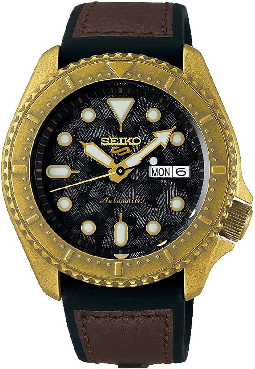 Seiko 5 Sports Gwylio Awtomatig i Ddynion gyda Deial Du a Strap Ddu SRPE80K1