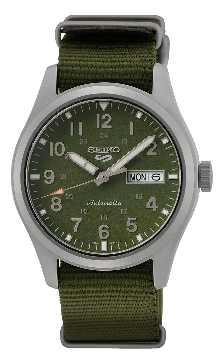 Gwylio Awtomatig Seiko 5 Sports i Ddynion gyda Deial Gwyrdd a Strap Neilon Gwyrdd SRPG33K1