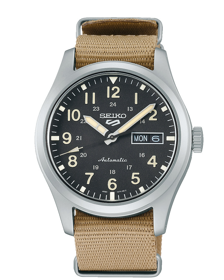 Seiko 5 Sports Gents Automatic Watch with Black Dial and Khaki Nylon Strap SRPG35K1