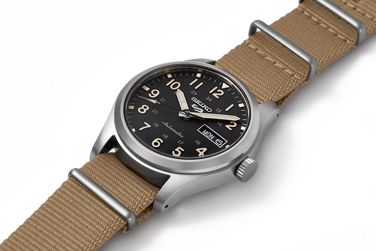 Seiko 5 Sports Gents Automatic Watch with Black Dial and Khaki Nylon Strap SRPG35K1