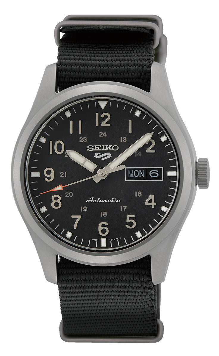 Seiko 5 Sports Gents Automatic Watch with Black Dial and Black Nylon Strap SRPG37K1